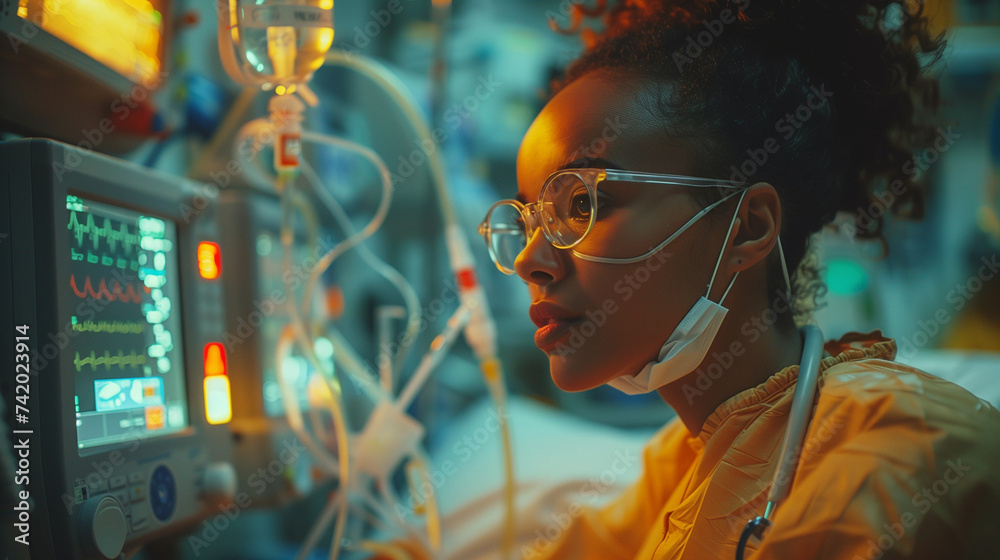 black female doctor with a mask, a woman nurse with a heart screen in the background, a nurse checking heart rhythm black female doctor with a mask, a woman nurse with a heart screen in the background, a nurse checking heart rhythm