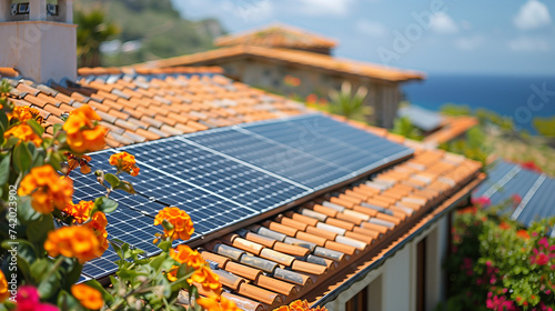 close up of a home with solar panels attached to the roof, a house with orange roof tiles and black solar panels during spring with flowers and blooming trees