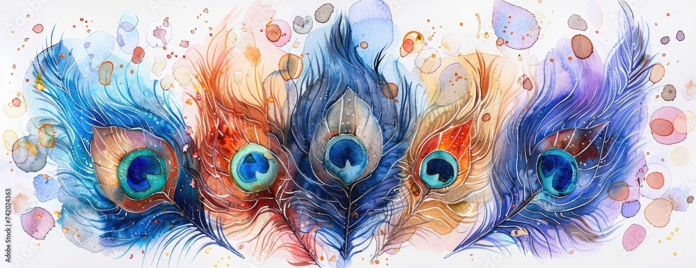 Peacock Splendor: Intricately Patterned Iridescent Watercolor Feathers Adding Vibrancy to Your Desktop - obrazy, fototapety, plakaty 