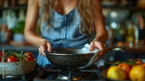 Woman wiping frying pan