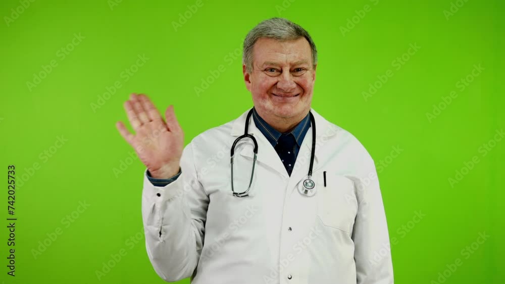 Friendly senior doctor waves palm for greeting or goodbye sign. Friendly senior doctor waves palm for greeting or goodbye sign.