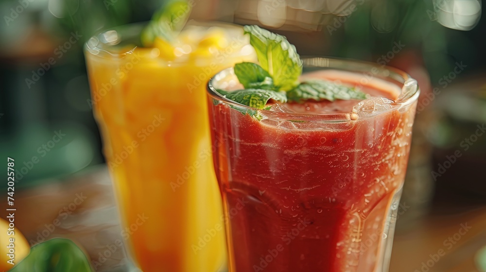 Close up on glasses filled with healthy freshly juiced fruits Close up on glasses filled with healthy freshly juiced fruits