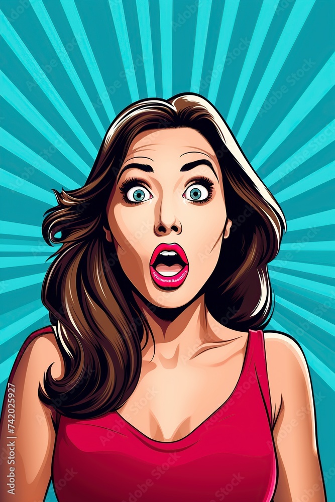 beautiful woman illustration, pop art, with a surprised expression