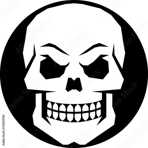 Stylized black and white skull drawing.