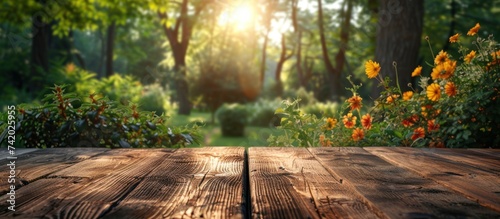 Wooden table with blurred green nature garden background