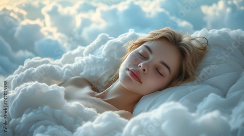 A beautiful young woman sleeps against a pillow in the clouds.