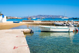 Typical Greek fishing boats in Pollonia port, Milos island, Cyclades, Greece