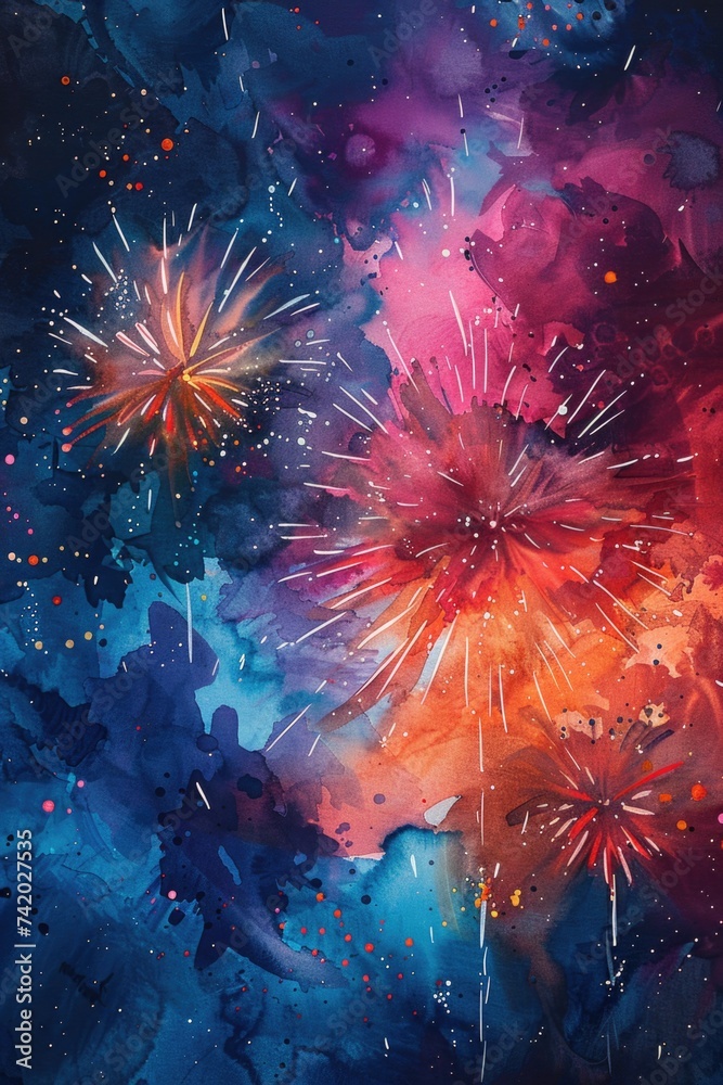 Joyful Bursts: Colorful Watercolor Fireworks Against a Night Sky for a Celebratory Desktop Background