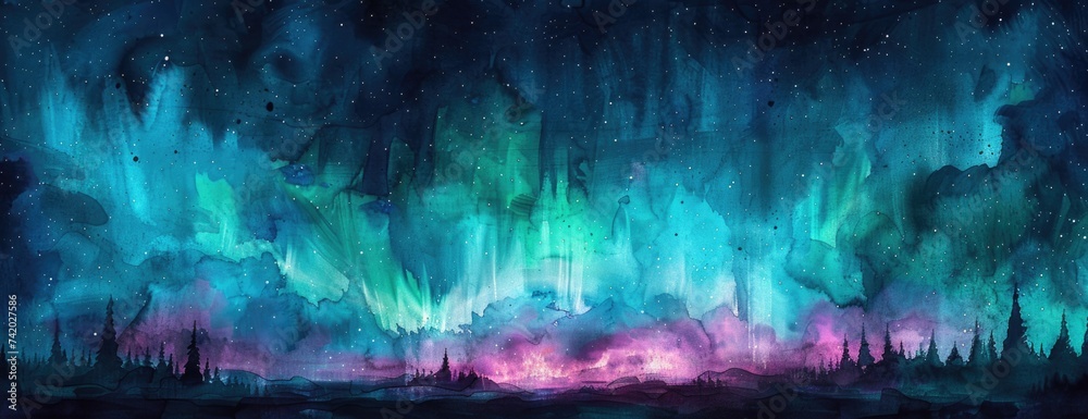 Magical Polar Lights: Abstract Watercolor Aurora with Green and Purple Luminosity for Desktop Background