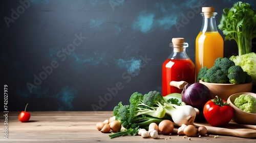Organic vegetarian ingredients and kitchen tools. Healthy, clean food and eating concept. Top view. Copy space. Ingredients for cooking on wooden table. Vegan diet concept with copyspace.