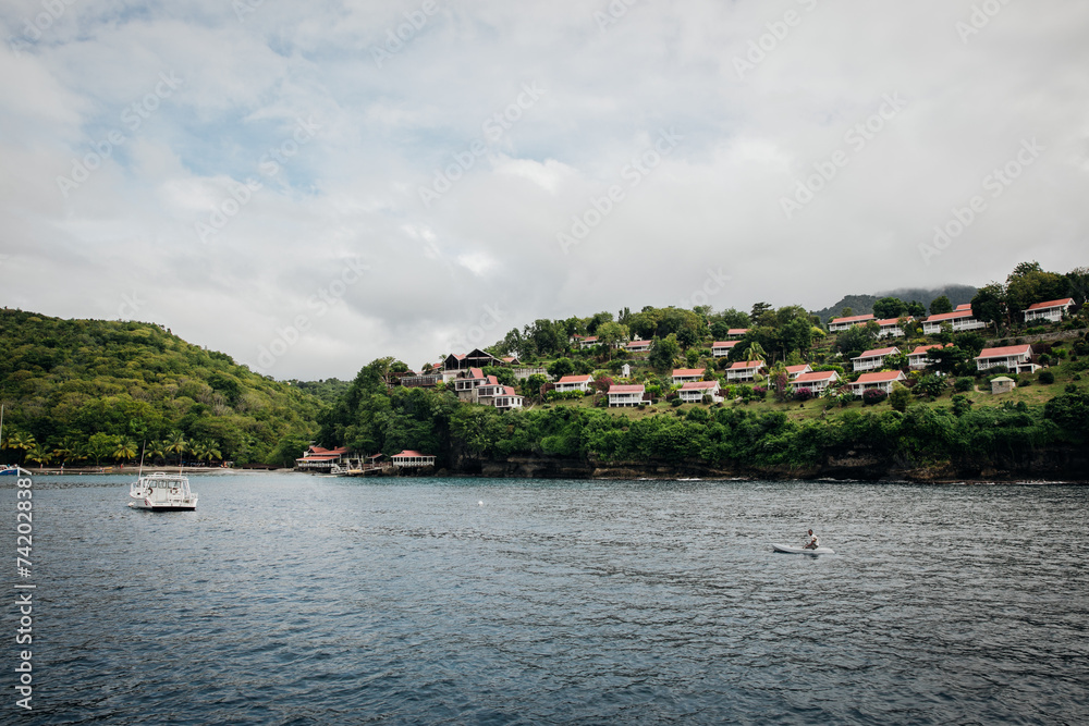View of houses on the coastline near Soufriere in Saint Lucia in the Caribbean 
