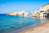 Beautiful sandy beach in Firopotamos village, Milos island, Cyclades, Greece