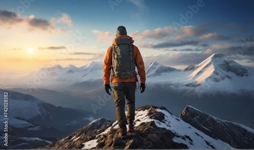 Man hiker with backpack on top of the mountain back, looking at the snow slope