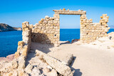 Old ruins of castle with sea view in Firopotamos village, Milos island, Cyclades, Greece