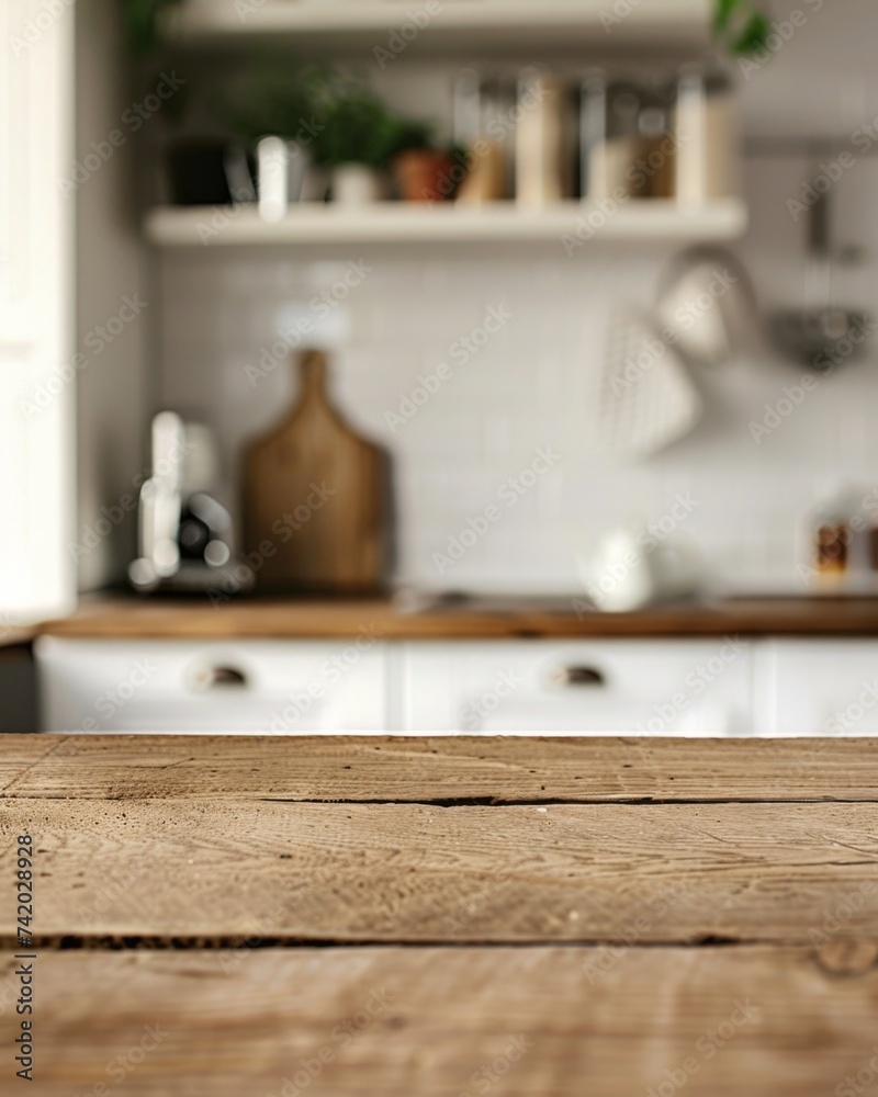 Wooden texture table top, blurry kitchen background Wooden texture table top, blurry kitchen background