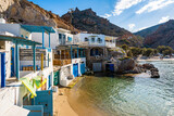 Colorful fishing boat houses in Firopotamos village, Milos island, Cyclades, Greece