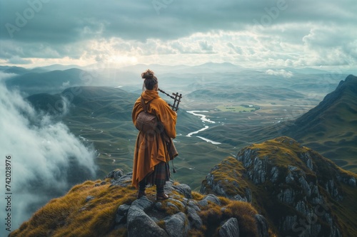 Bagpiper in traditional tartan plays atop a mountain, with sweeping valleys and dramatic skies behind photo