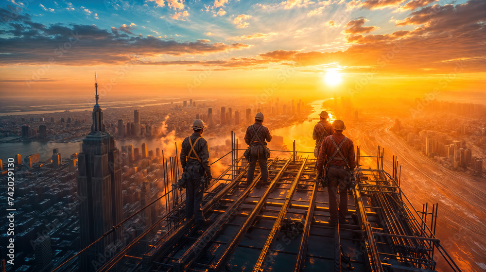 Obraz premium Silhouetted construction workers observing the city skyline during a vibrant sunrise
