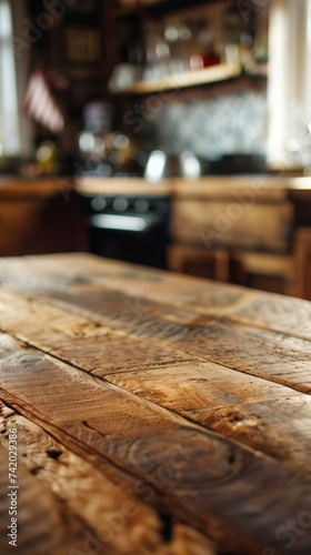 Wooden texture table top  blurry kitchen background