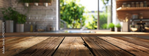 Wooden texture table top, blurry kitchen background © Simone