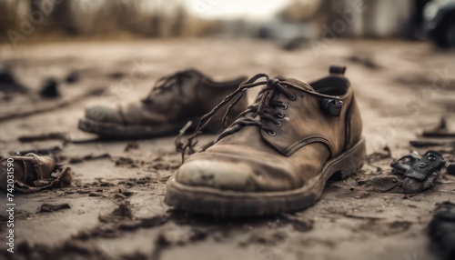 Abandoned leather shoes on a muddy ground
