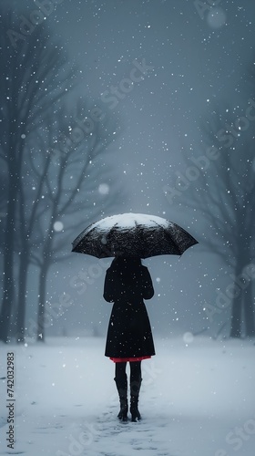 woman walking snow umbrella eerie love affair doubt mourning standing back transparent grief background