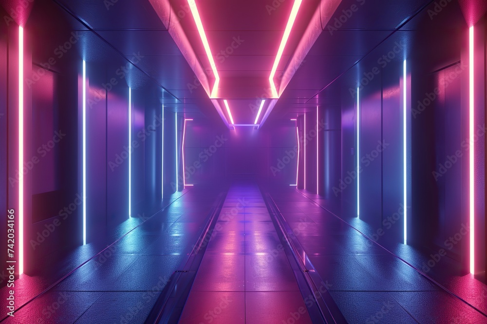 A fusion of neon colors in a luminous sci-fi corridor junction, creating a dynamic and futuristic visual experience.