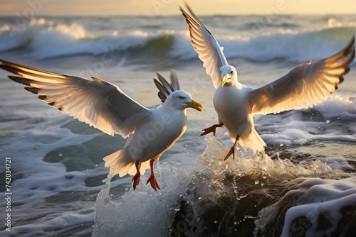 Two flying seagulls at the sundown at the sea