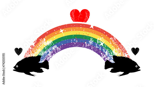 T-shirt image of two fish united by a rainbow and a red heart on a white background. Gay pride.