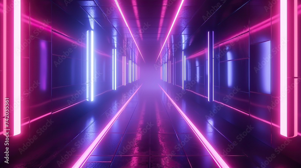 Futuristic sci-fi corridor with luminous galactic nexus and vibrant neon lights