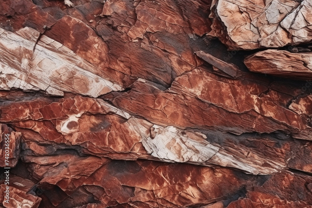 Red brown rock texture background. Rough slate mountain surface. Brick color stone background with space for design. Rocky rusty