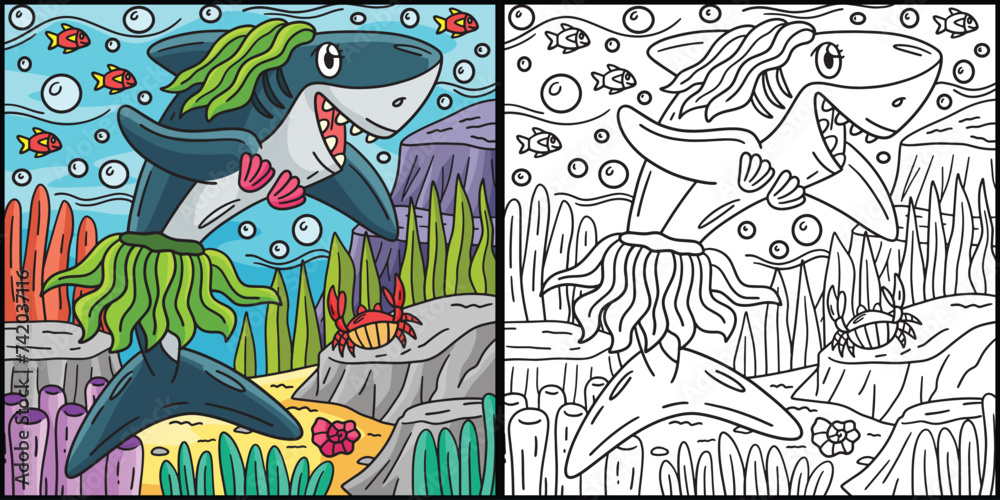 Shark and Seaweed Coloring Page Illustration