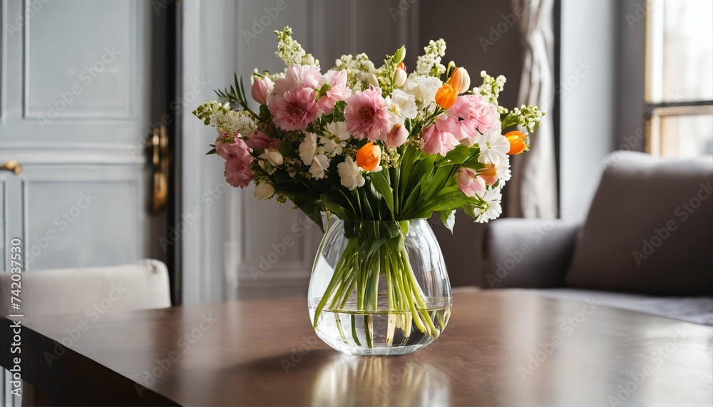 Fototapeta premium Spring flowers bouquet in vase on table with morning sunlight, stylish living room apartment interior