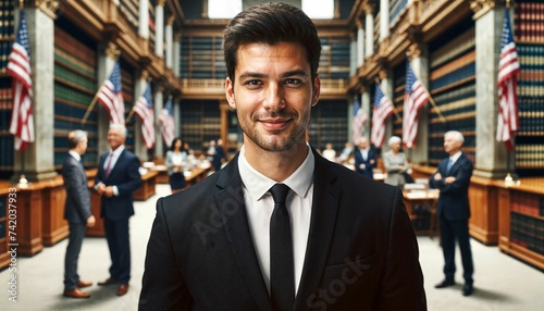 Congressional member's portrait with Library of Congress bookshelf backdrop photo