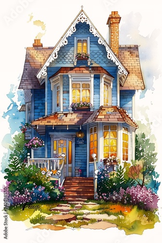 house porch blue deep pencil illustration furry little windows sticker quaint © Cary