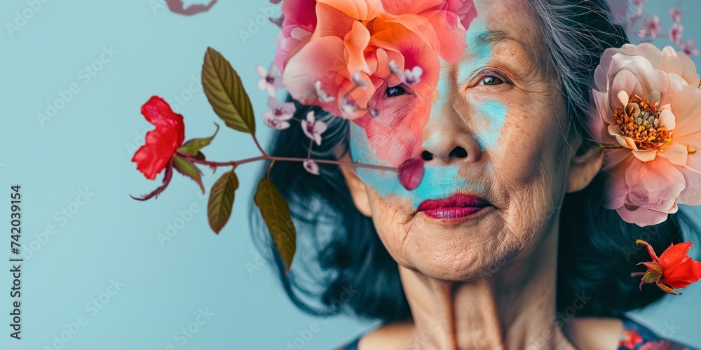 A mature Asian woman is depicted in this portrait, adorned with flowers forming an abstract contemporary art collage.