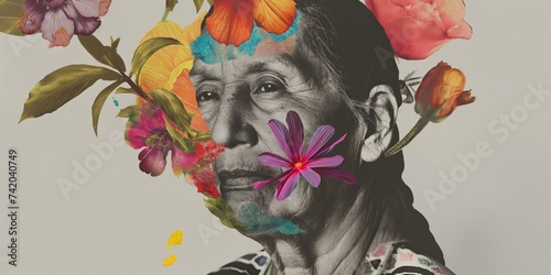 This portrait showcases a mature Native American woman, her face adorned with flowers in an abstract contemporary art collage. #742040749