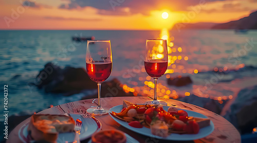 a table with two glasses of wine and a plate of food on it with a sunset in the background