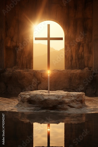 beautiful altar of a chapel with the cross illuminated by sunlight © Jorge Ferreiro