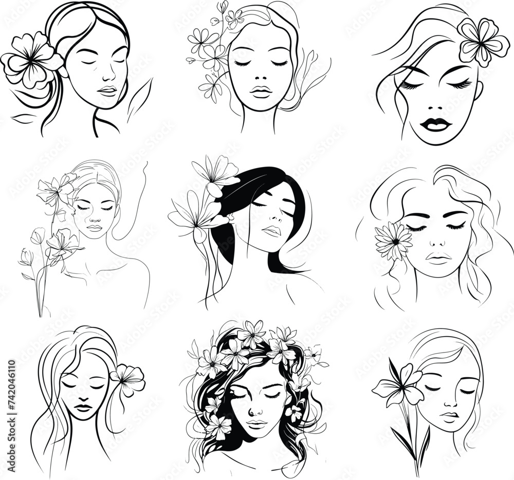 floral, flower woman silhouette black and white hand drawn vector illustration floral, flower woman silhouette black and white hand drawn vector illustration
