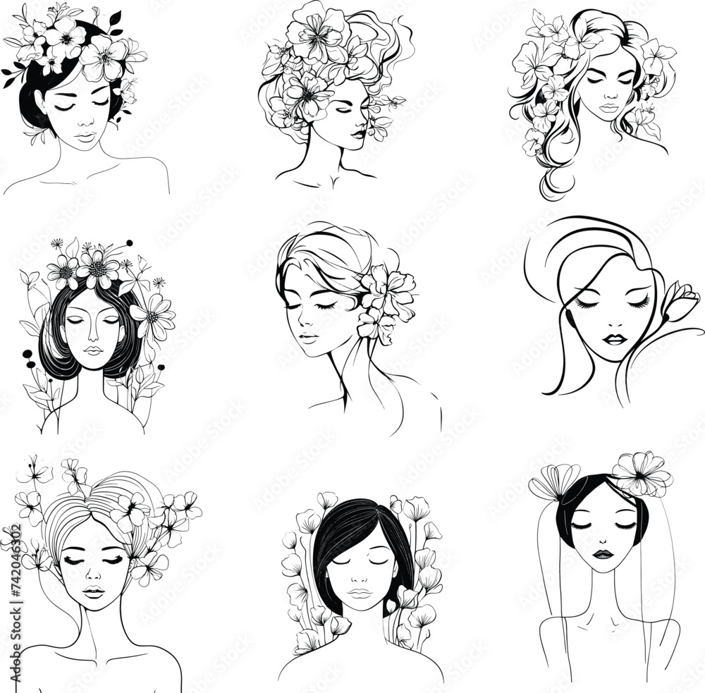 floral, flower woman silhouette black and white hand drawn vector illustration floral, flower woman silhouette black and white hand drawn vector illustration