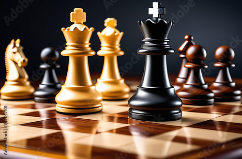 The golden and black king standing in the foreground on the chessboard  a conceptual challenge or battle of a business team  a leadership strategy or a team player. Made with the help of artificial in