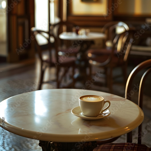 A cup of cappuccino on a table in a cafe.