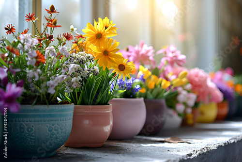 daffodils in pots,Spring flowers in white pots on a pastel background, daffodils and peonies