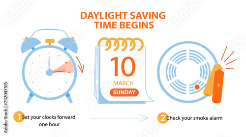 Daylight saving time begins 10 march 2024 banner. Spring Forward time. Banner reminder with info about changing time and batteries, smoke alarm. Clock forward one hour. USA and Canada