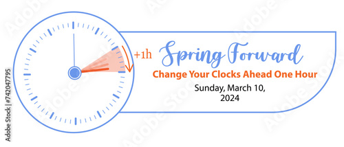Daylight Saving Time Begins. Spring Forward Time in March 10, 2024 Web Banner Reminder. Vector illustration with clocks turning to an hour ahead