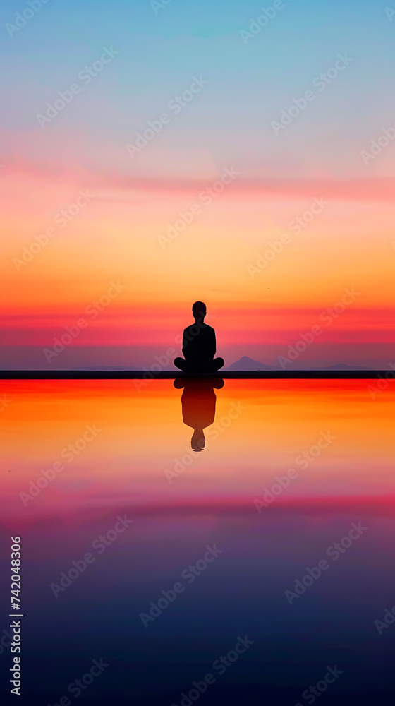 A silhouette of a woman sat in a yoga pose, beside a pool, with a beautiful sunset behind her.