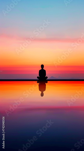 A silhouette of a woman sat in a yoga pose, beside a pool, with a beautiful sunset behind her.