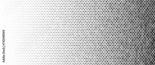 Rhombus gradient halftone texture. Diamond dots fading pattern. Abstract geometric particles vanishing gradient background. Rhomb shape grunge overlay structure. Vector black and white wallpaper