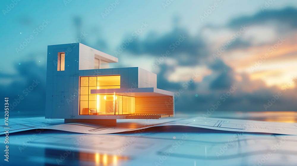 a model house on top of a blueprint with a lit window - obrazy, fototapety, plakaty 